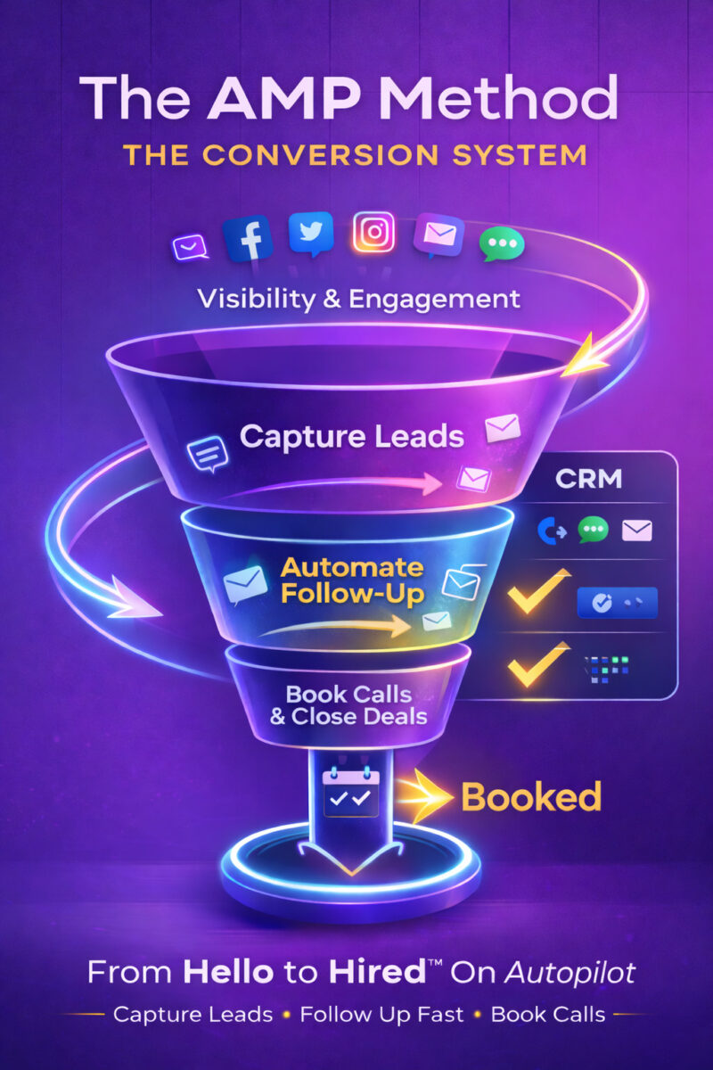 Diagram showing the AMP Method conversion system, where marketing visibility flows into lead capture, automated follow-up, and booked calls through a CRM-backed process.
